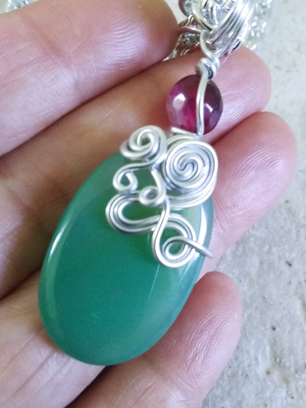 Handmade! Green + Raspberry Agate Pendant w. 18" Rope Chain - Vibrantly Unique! - Picture 4 of 11